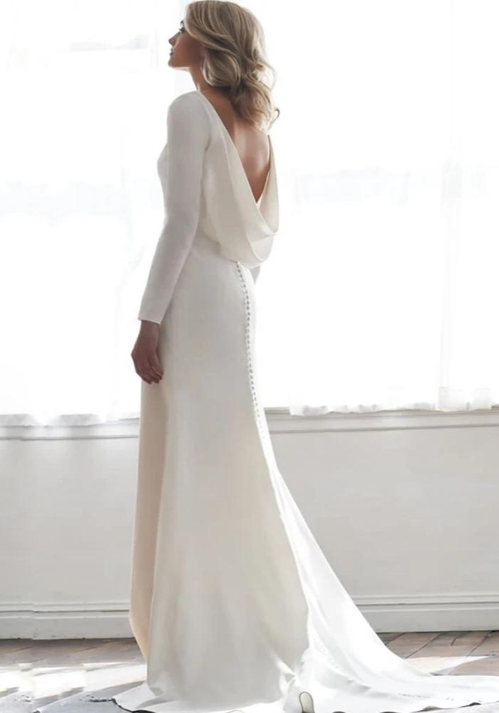 Ivory Cowl Back Dress with Elegant Draping — Winter Wedding Guest Outfits
