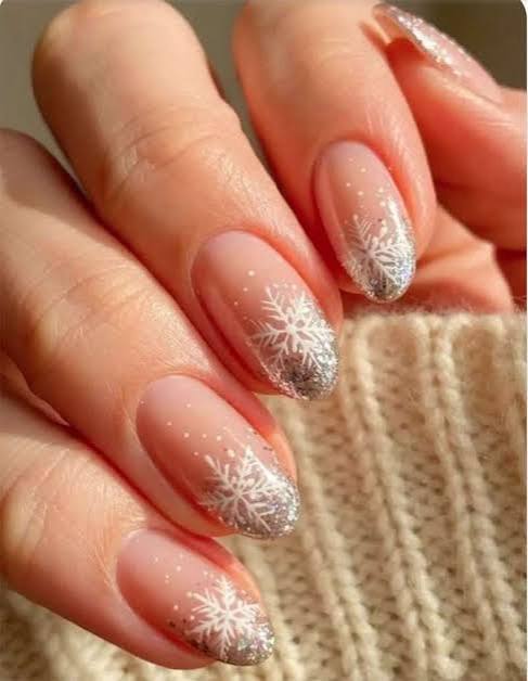 Nude Base with Snowflake Glitter Ombre — Winter Ombre Nails