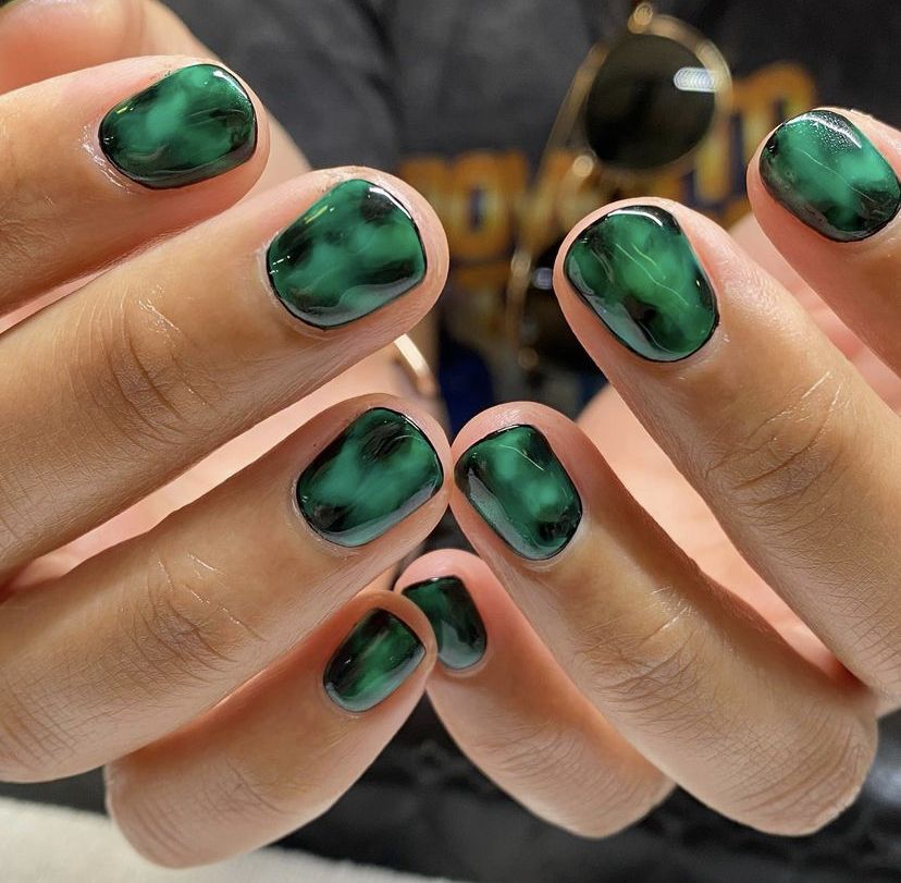 Deep Green Black Marble on Rounded Square Nails — Winter Marble Nails