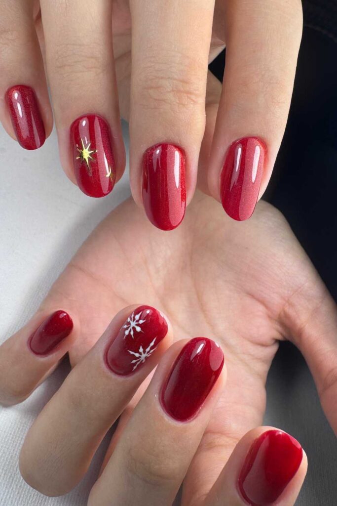 Deep Red Celestial Oval Nails Deep Red Celestial Oval Nails β Simple Short Christmas Nails 2026