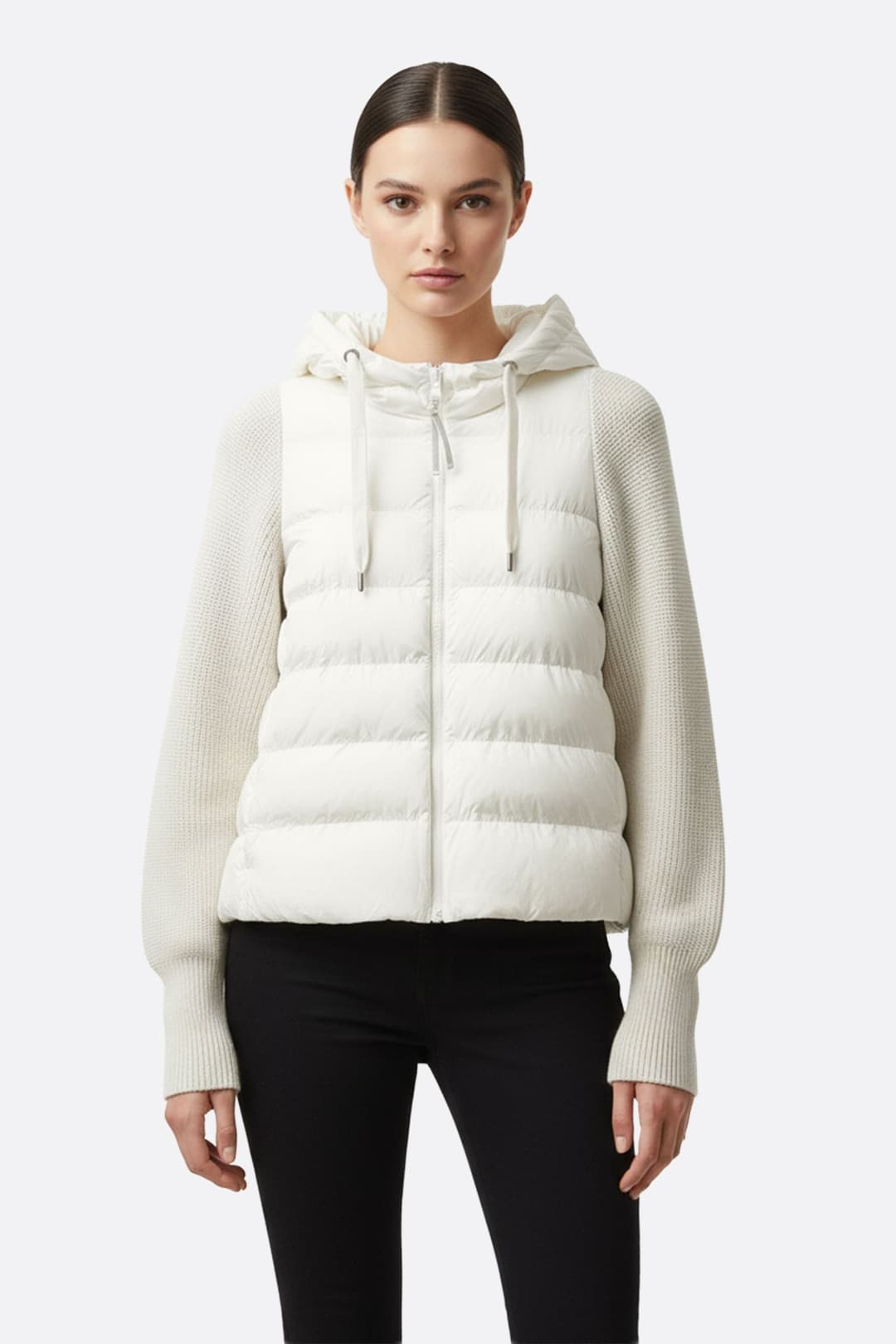 White Puffer Jacket with Contrasting Knit Sleeves — Winter Puffer Jacket Outfits