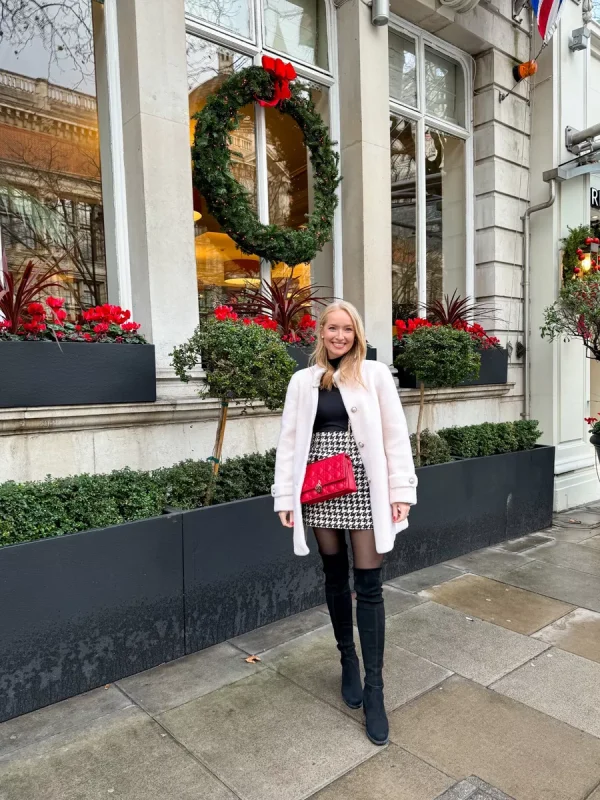 Pale Pink Coat and Houndstooth: Festive Winter Charm — London Winter Outfits