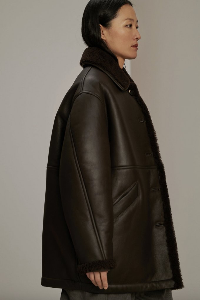 Oversized Dark Brown Leather Coat with Shearling Collar — Shearling Coat Outfits