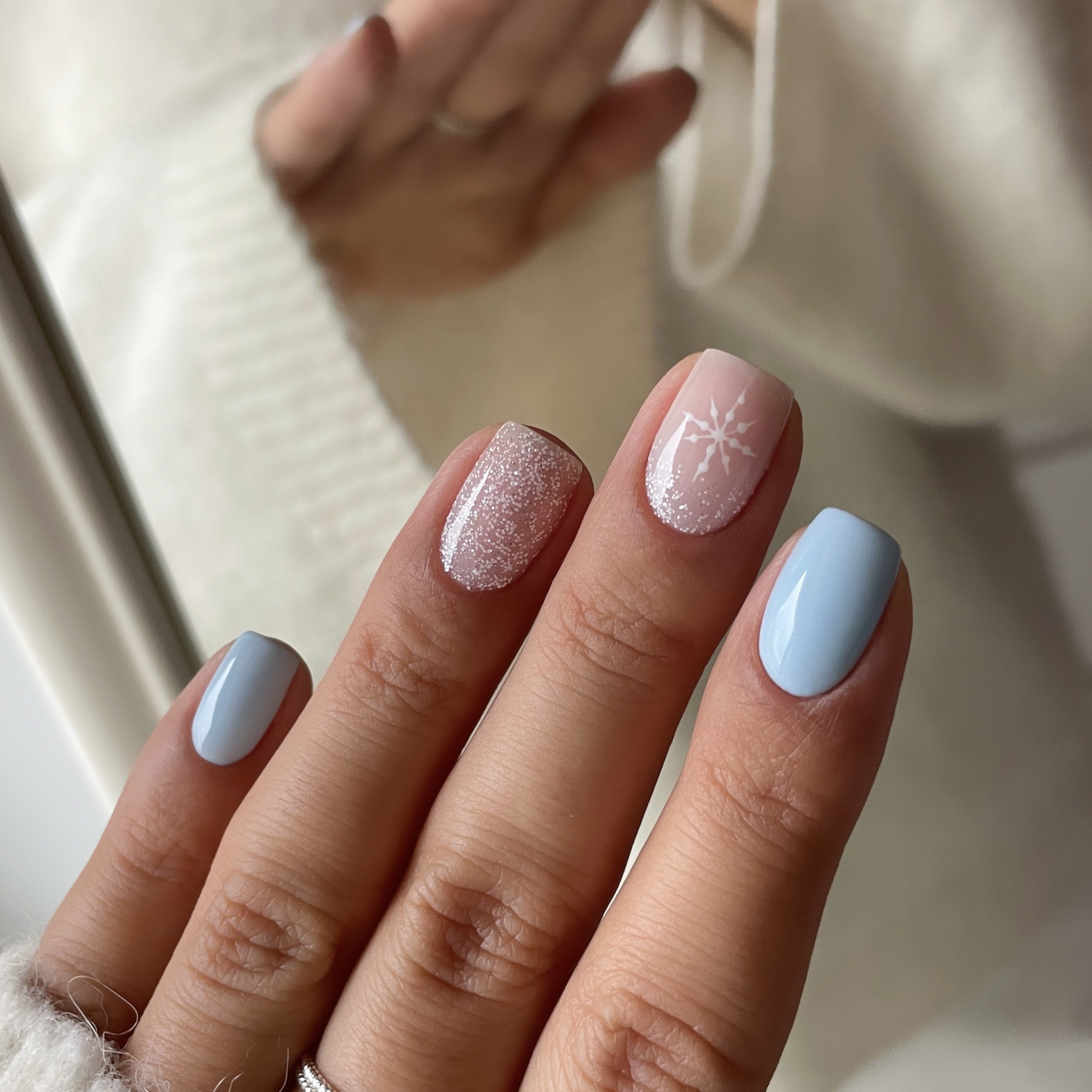Sweet Pale Pink Blue Snowflake Nails — Short Winter Nails