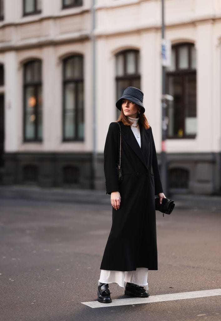 Black Bucket Hat with Long Coat and Loafers — Fur Hat Outfits