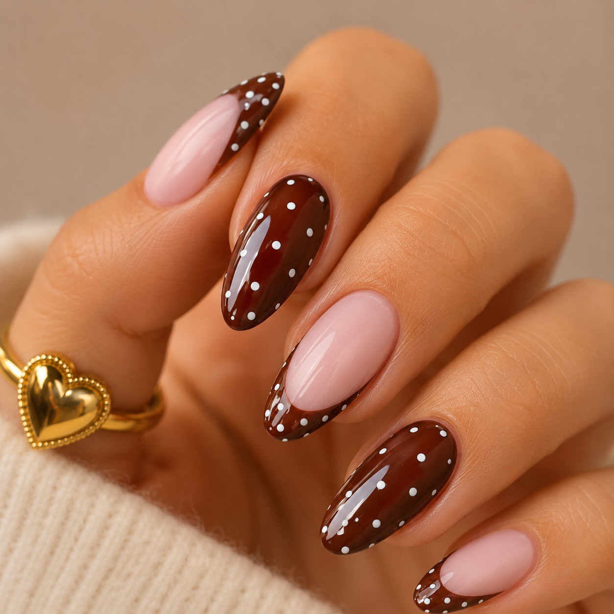 Brown Polka Dot And Pink Tip Winter Nails Brown Polka Dot And Pink Tip Winter Nails β Medium Winter Almond Nails