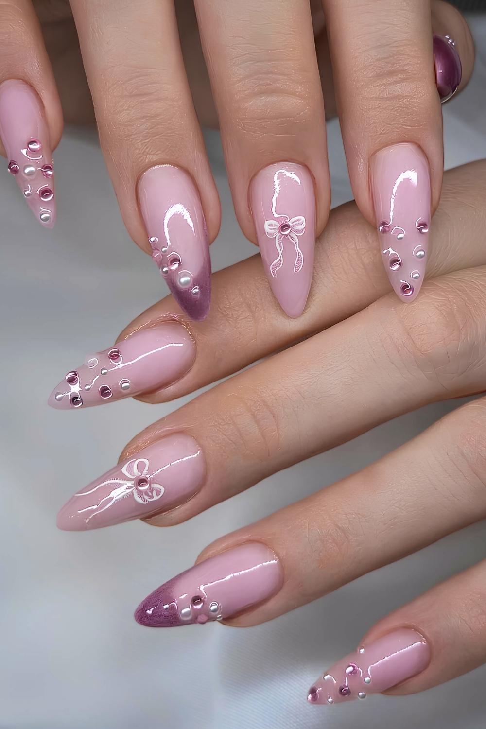 Pale Pink Glitter Ombre French with Bows and Pearls Pale Pink Glitter Ombre French with Bows and Pearls β Coquette Winter Nails