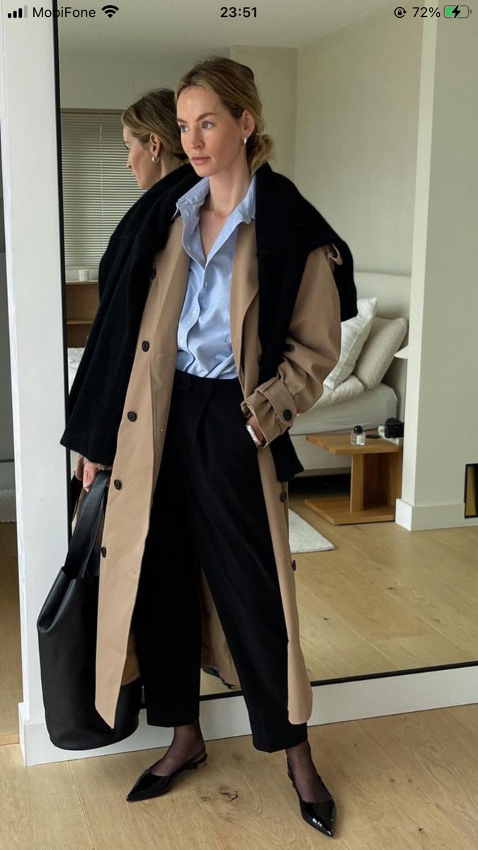 Beige Trench Over Light Blue Shirt And Wide-Leg Trousers Beige Trench Over Light Blue Shirt And Wide-Leg Trousers β Long Coat Outfits