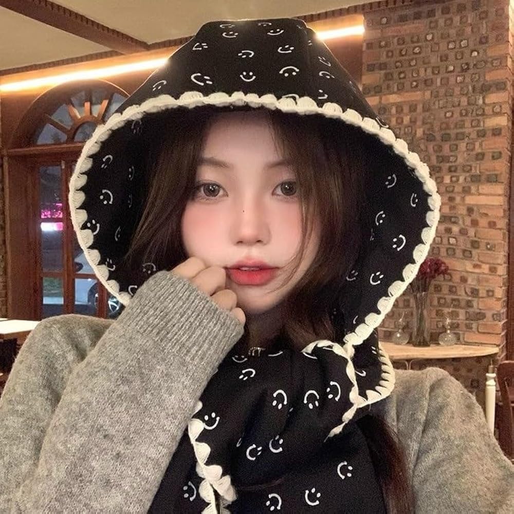 Playful Touch: Grey Knit with Smiley Hooded Scarf Playful Touch: Grey Knit with Smiley Hooded Scarf β Korean Winter Outfits
