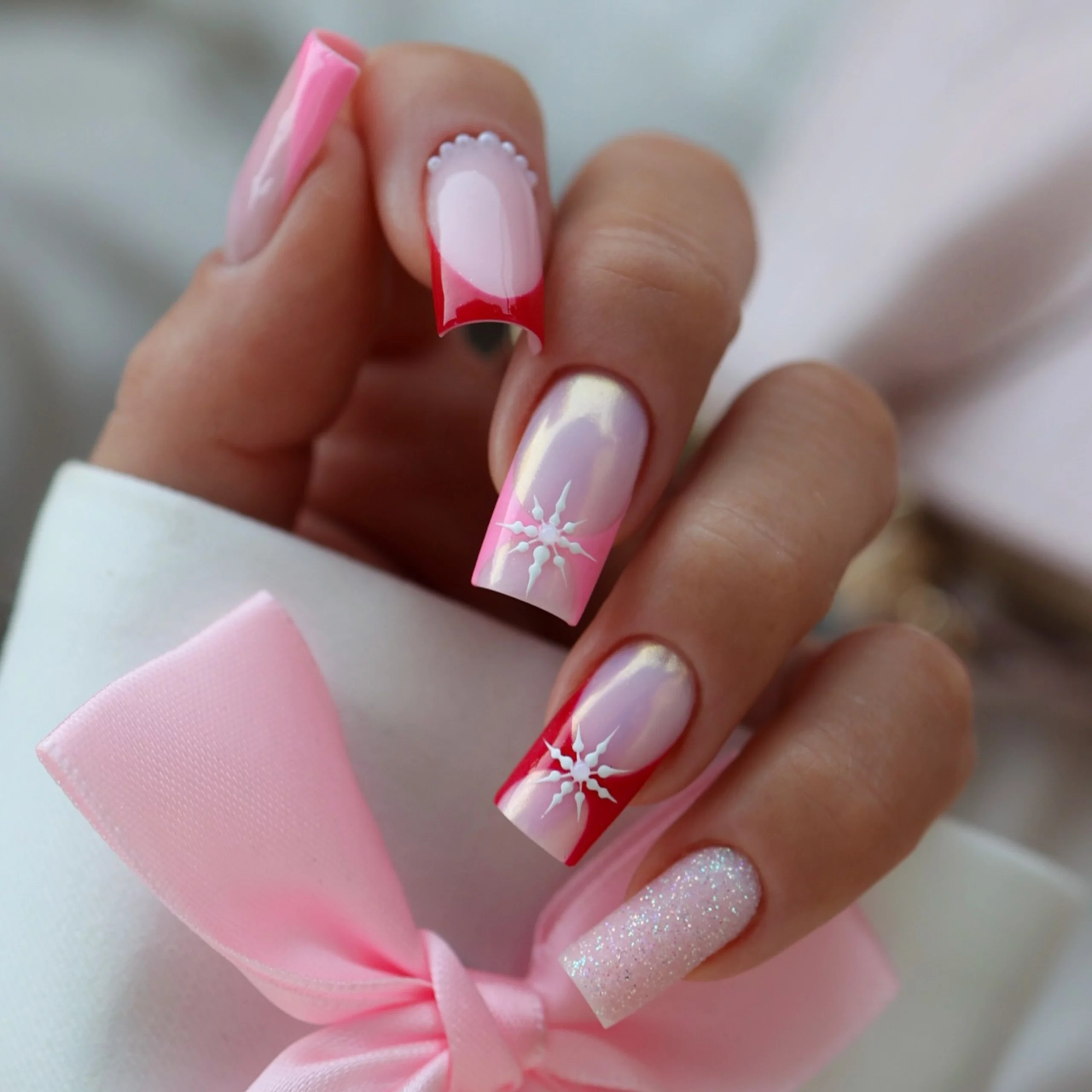 Long Square Pink Red French with Snowflakes Long Square Pink Red French with Snowflakes β Winter Pink Nails