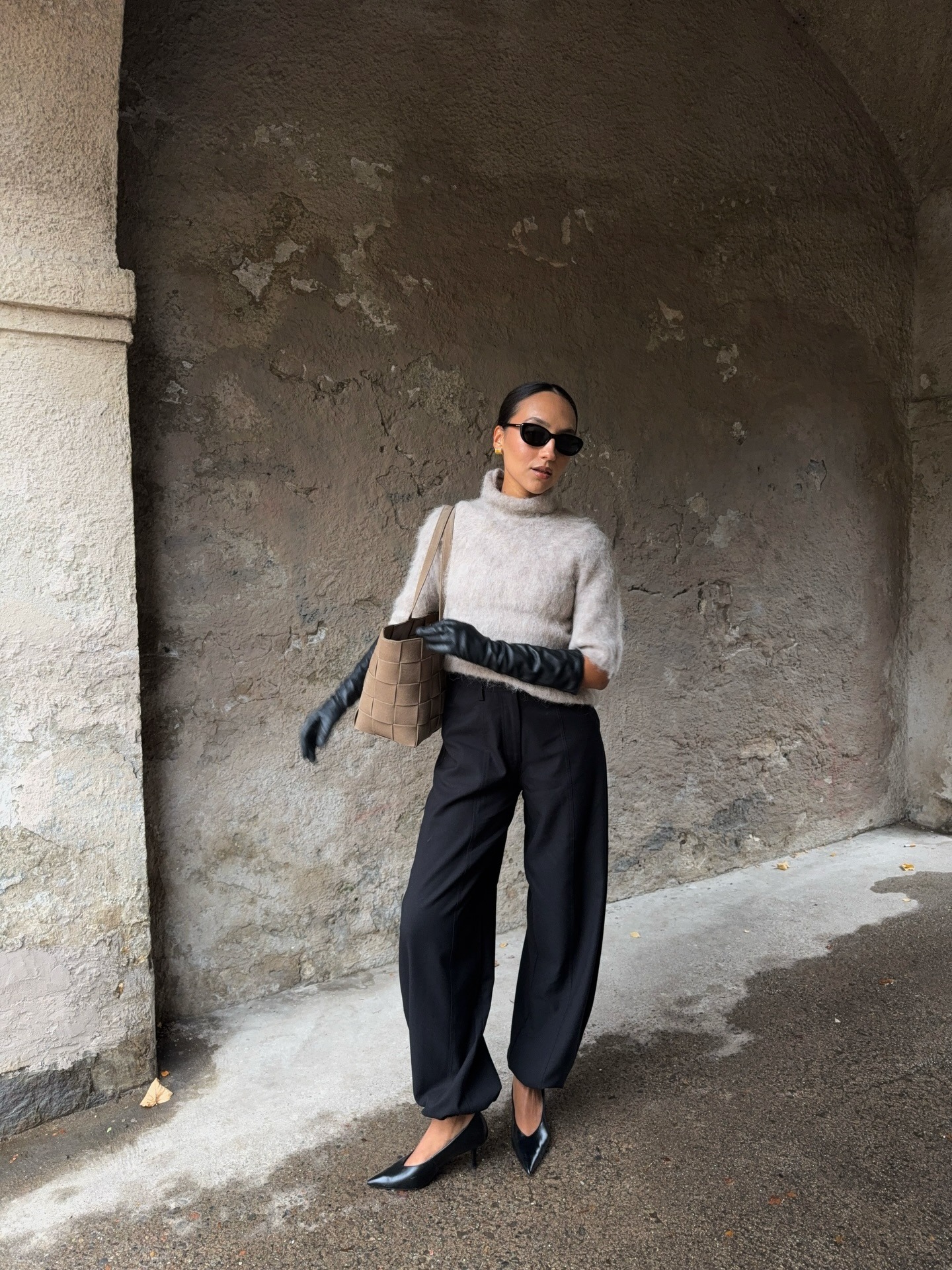 Wide-Leg Trousers with Long Black Gloves — Winter Going Out Outfits