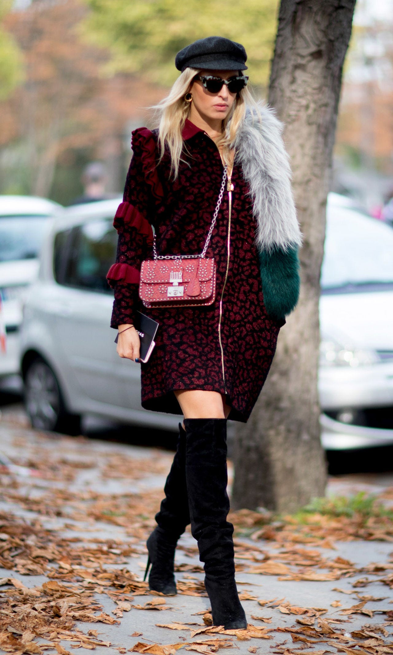 Over-the-Knee Boots with a Burgundy Patterned Dress and Faux Fur — Winter Boots Outfits