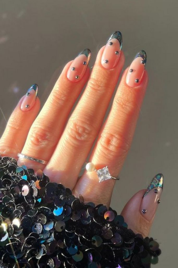 Metallic French Tips with Silver Studs Metallic French Tips with Silver Studs β Classy New Years Nails 2027