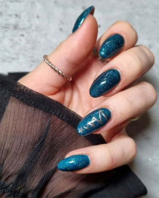 Deep Teal Glitter with Silver Lines — Christmas Gel Nails 2026