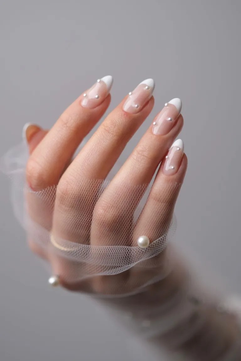 Medium Almond Sheer Pink French with Pearls — Winter Wedding Guest Nails