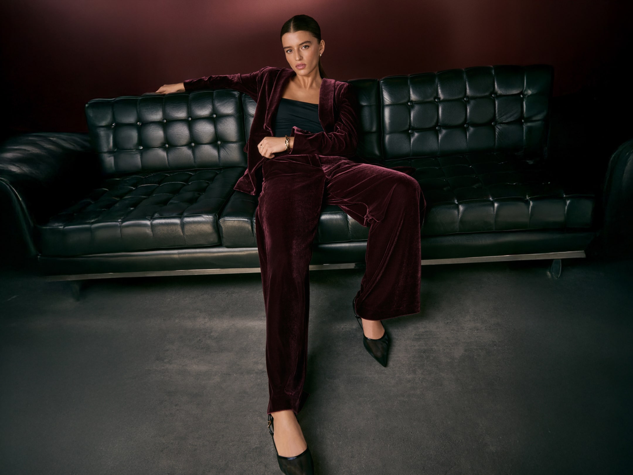 Burgundy Velvet Suit for a Sophisticated Party Look — Winter Party Outfits