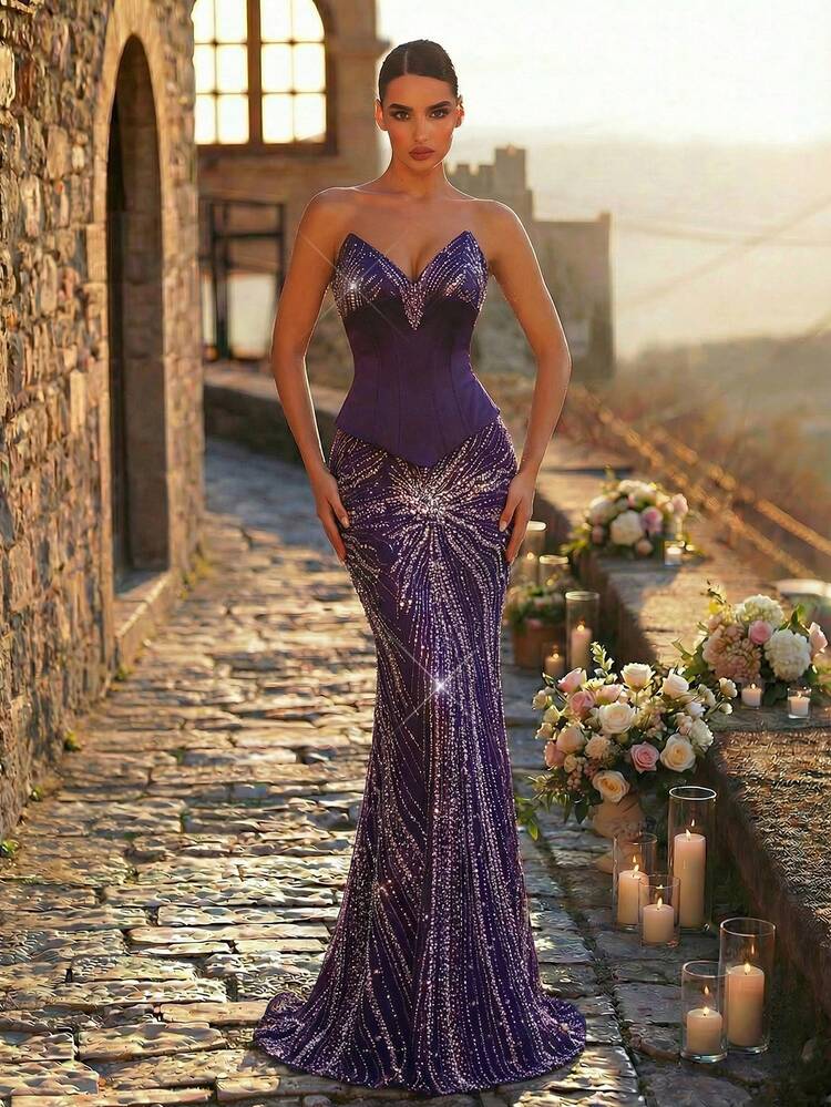 Deep Purple Mermaid Gown with Sequined Embroidery Deep Purple Mermaid Gown with Sequined Embroidery β Royal Purple Outfits