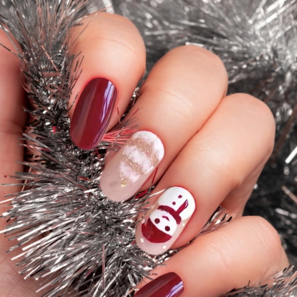Deep Red Snowman Snowflake Nails — Cute New Years Nails 2027