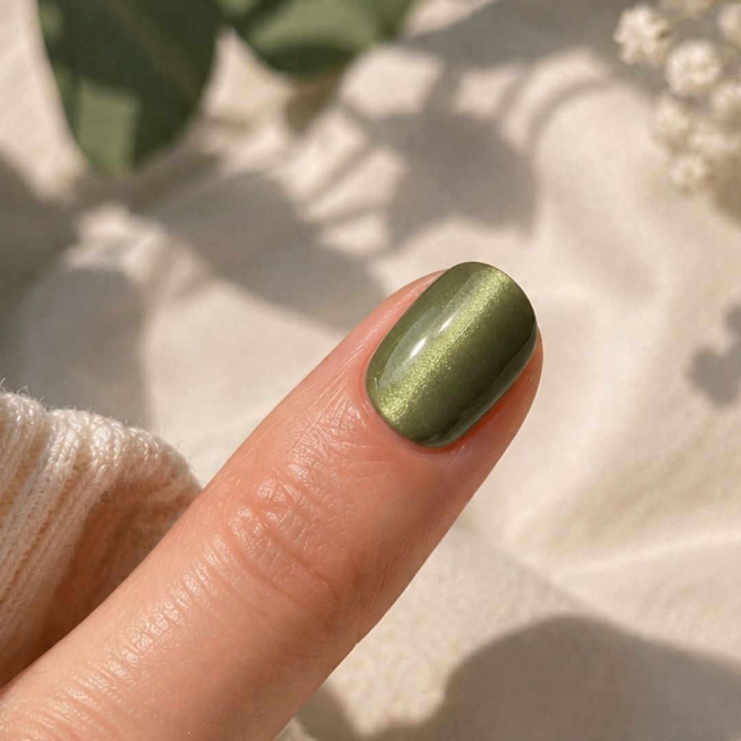 Short Oval Olive Green Cat Eye Short Oval Olive Green Cat Eye β Emerald Green Nails
