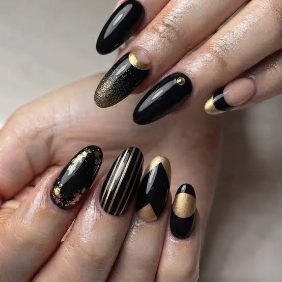 Black with Geometric Gold Accents — New Years Gel Nails 2027