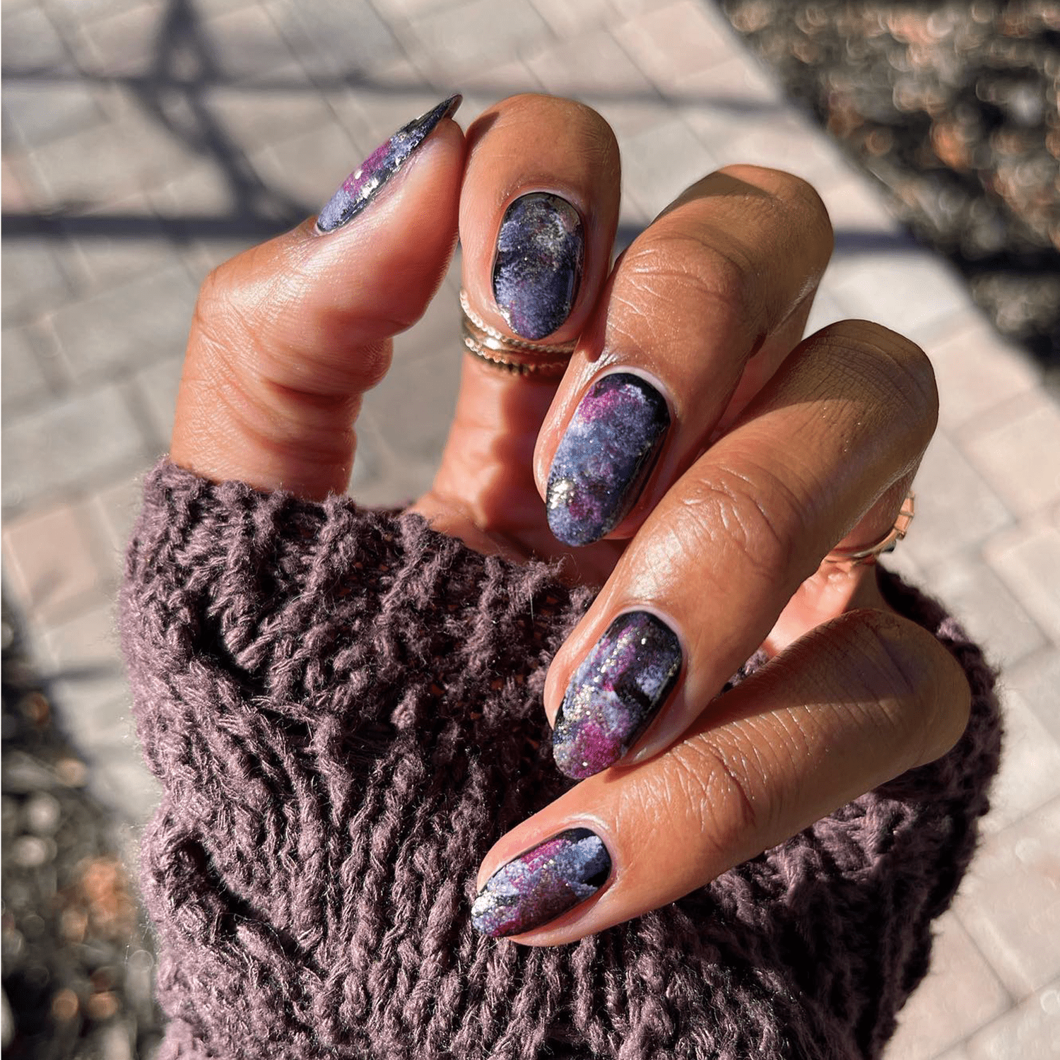 Galaxy Purple Swirls Almond Galaxy Purple Swirls Almond β Winter Purple Nails