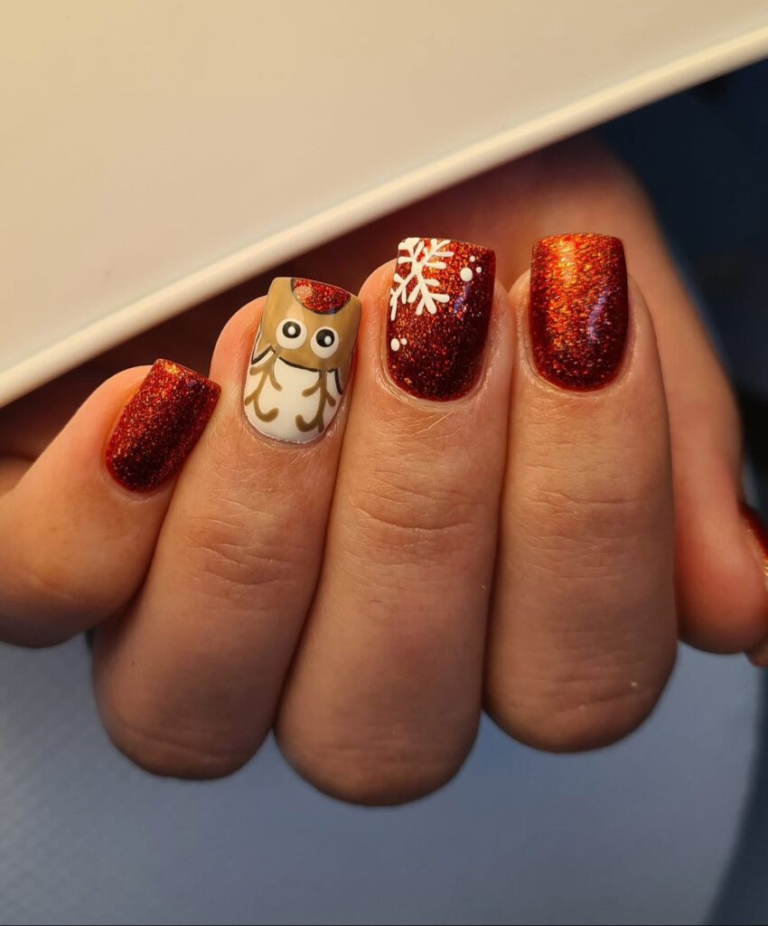 Red Glitter with Owl Accent Nails Red Glitter with Owl Accent Nails β Christmas Square Nails 2026