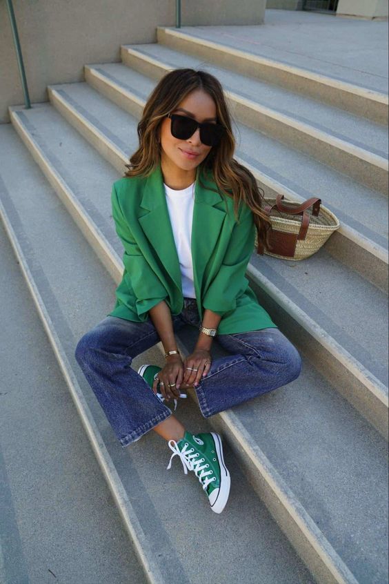 Vibrant Green Blazer Over White Tee and Jeans Vibrant Green Blazer Over White Tee and Jeans β Winter to Spring Transition Outfits