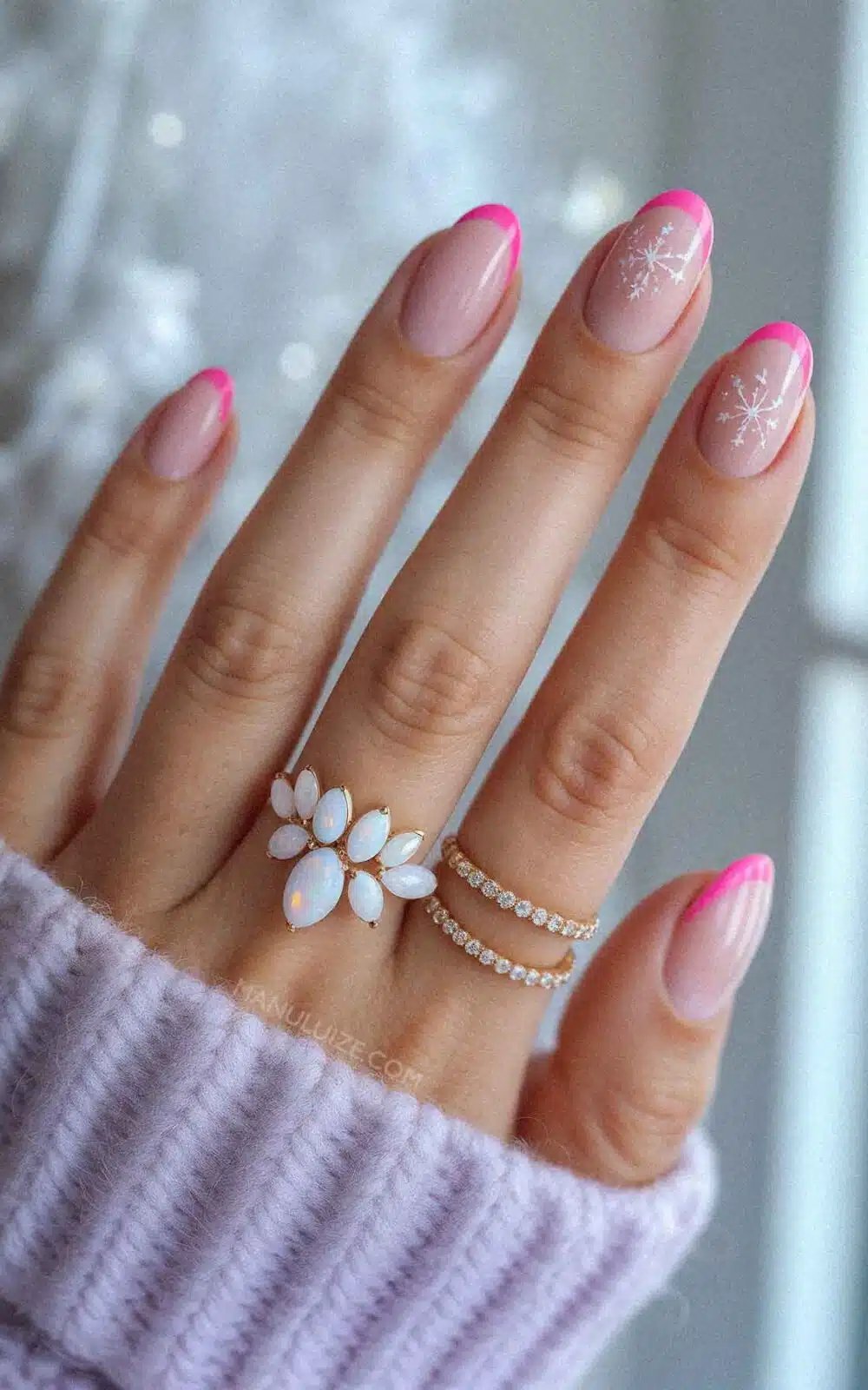 Bright Pink Snowflake French Tip Nails Bright Pink Snowflake French Tip Nails β Winter French Tip Nails