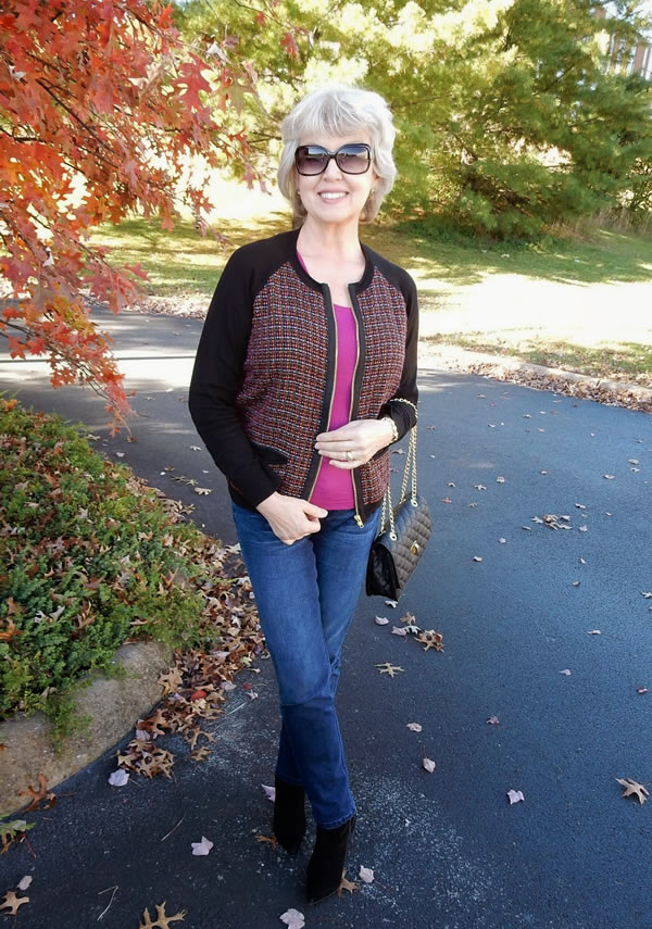 Tweed Jacket with Pink Top and Blue Jeans Tweed Jacket with Pink Top and Blue Jeans β Winter Outfits for Women Over 70