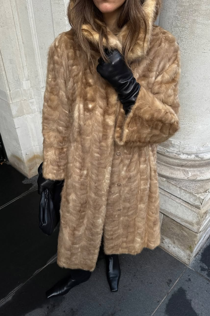 Tan Fur Coat Styled with Black Leather Gloves and Boots — Cute Winter Outfits