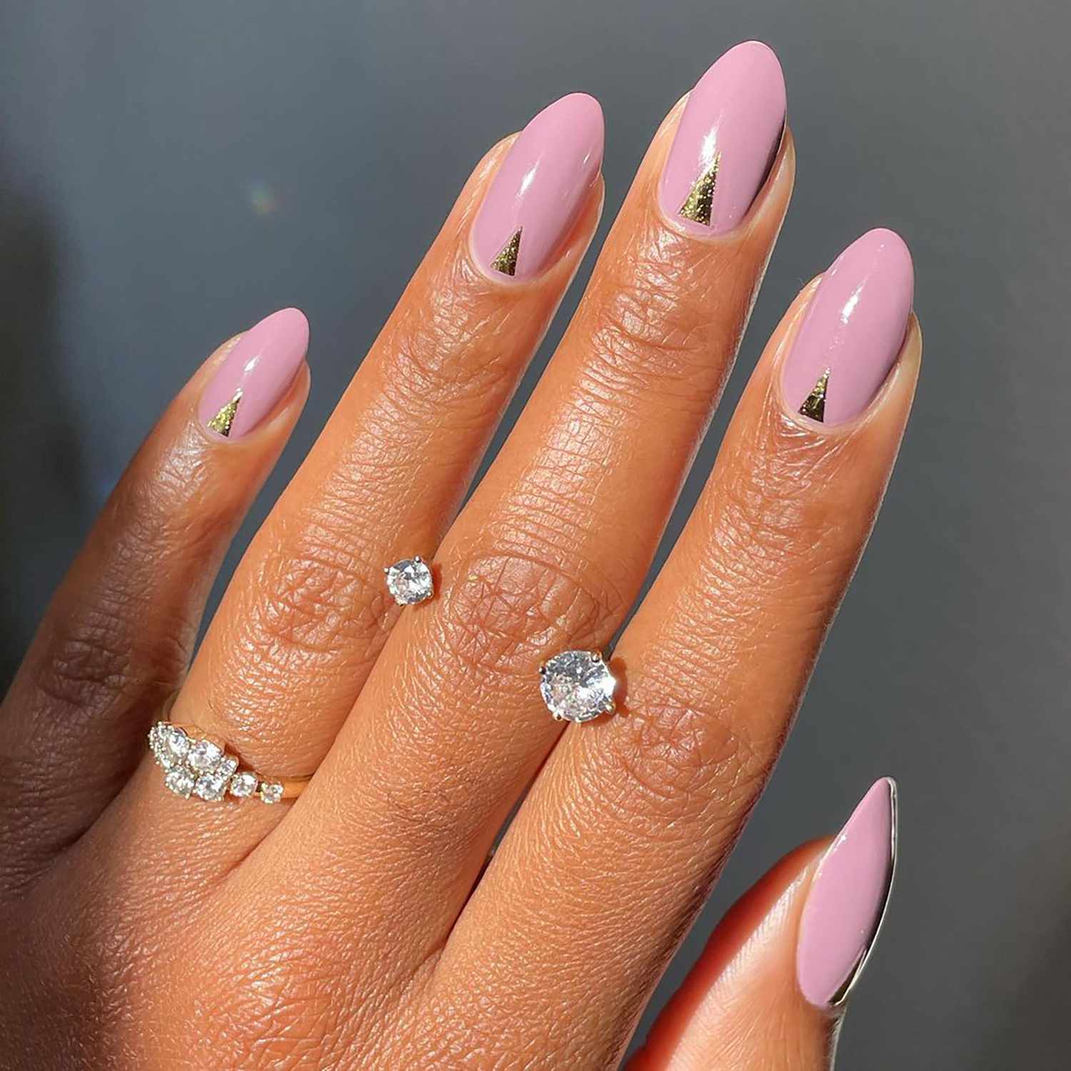 Dusty Pink With Gold Triangle Accents Dusty Pink With Gold Triangle Accents β Winter Nail Colors for Women Over 40