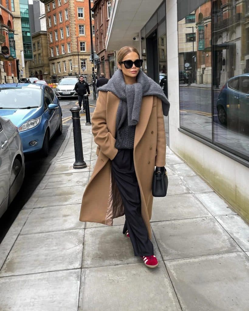 Sophisticated Camel Coat Ensemble with Red Accents Sophisticated Camel Coat Ensemble with Red Accents β Winter Brunch Outfits