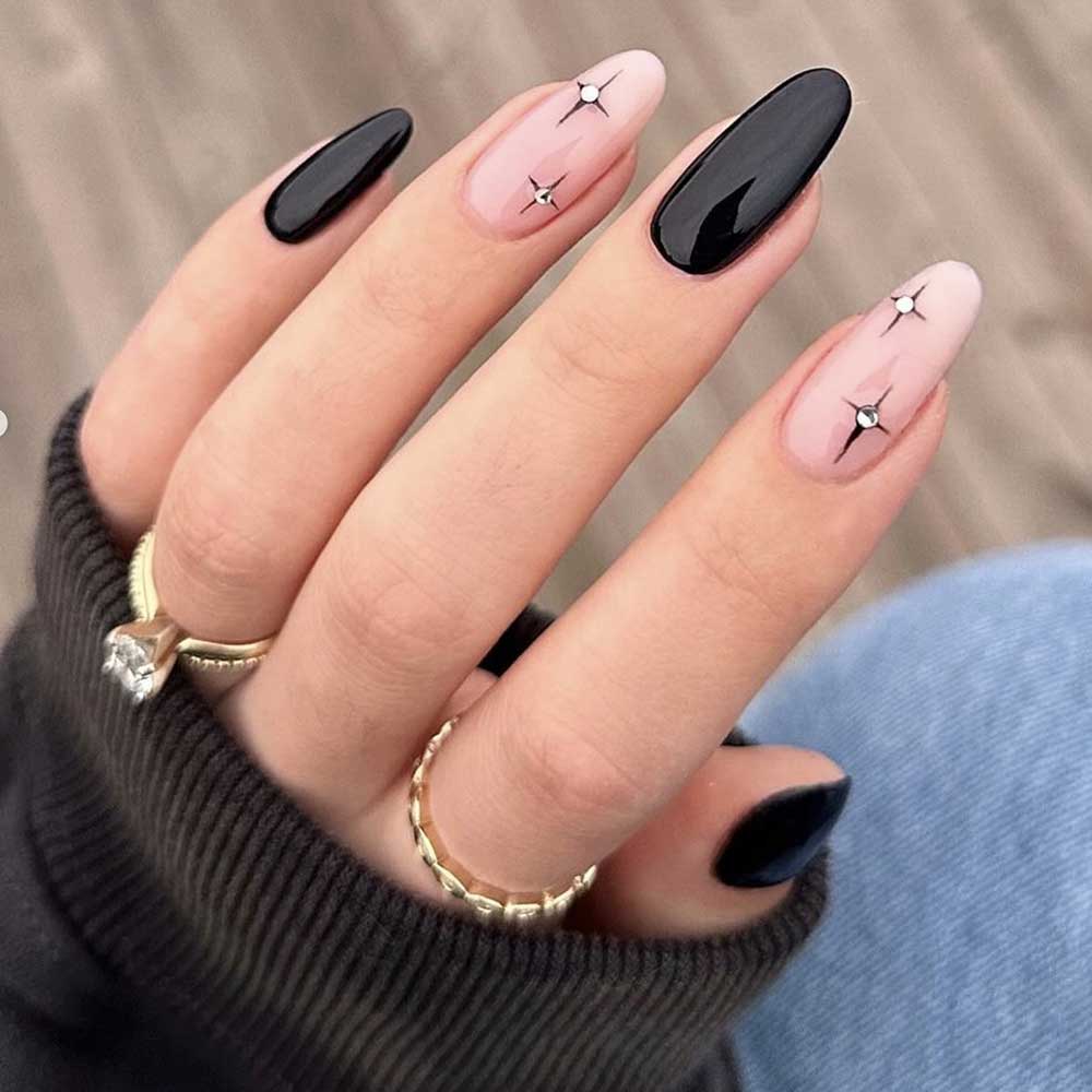 Black French with Star Rhinestones Black French with Star Rhinestones β New Years Almond Nails 2027