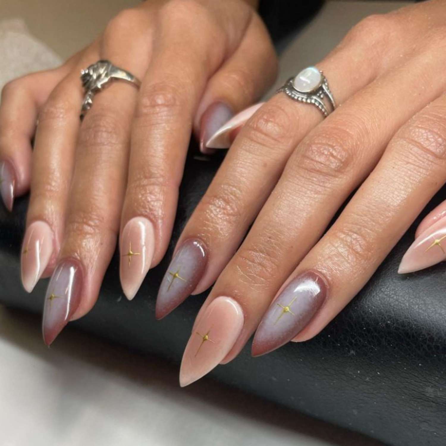 Nude Pink Grey Gradient Gold Star Stiletto Nails Nude Pink Grey Gradient Gold Star Stiletto Nails β Winter Stiletto Nails