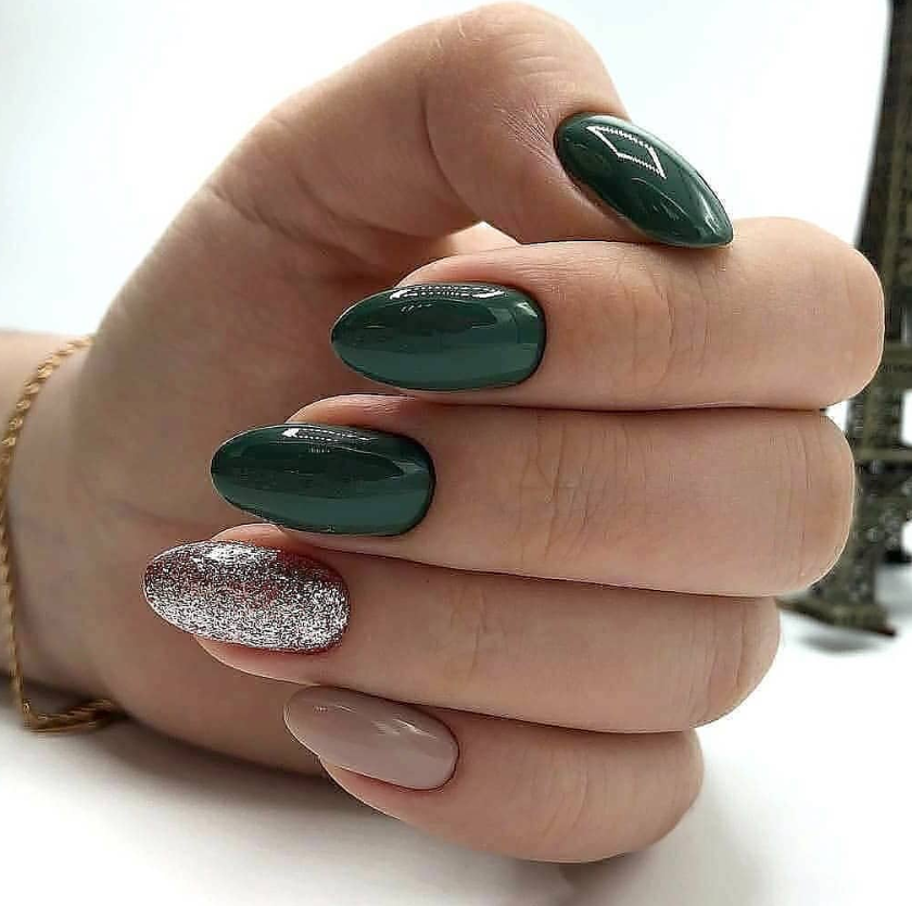 Deep Green with Nude Glitter Accent Deep Green with Nude Glitter Accent β Christmas Nail Colors 2026