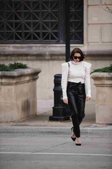 White Puffy-Shoulder Turtleneck with Faux Leather Pants White Puffy-Shoulder Turtleneck with Faux Leather Pants β Turtleneck Outfits