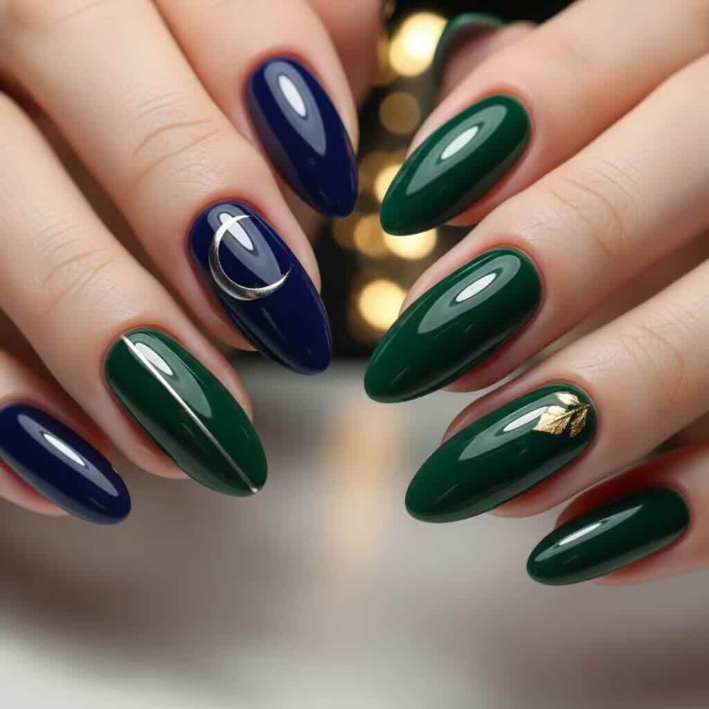 Medium Almond Forest Green Navy Crescent Moon Nails — Everyday Winter Nails