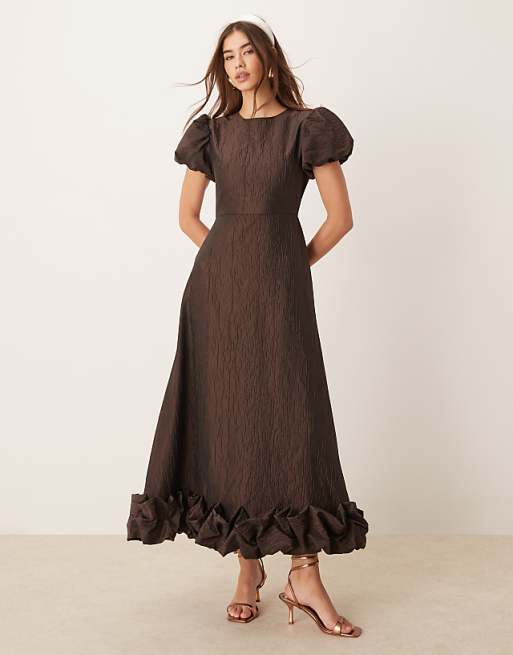 Chocolate Brown Textured Midi Dress with Puff Sleeves Chocolate Brown Textured Midi Dress with Puff Sleeves β Chocolate Brown Outfits