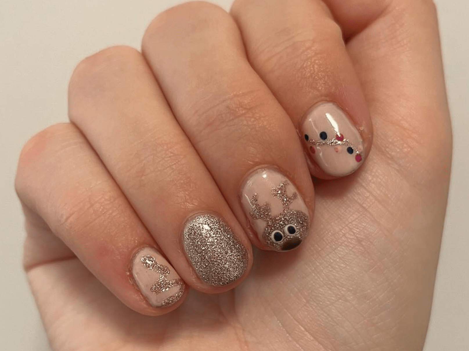 Pale Nude Short Rounded Square Reindeer Face Pale Nude Short Rounded Square Reindeer Face β Subtle Christmas Nails 2026