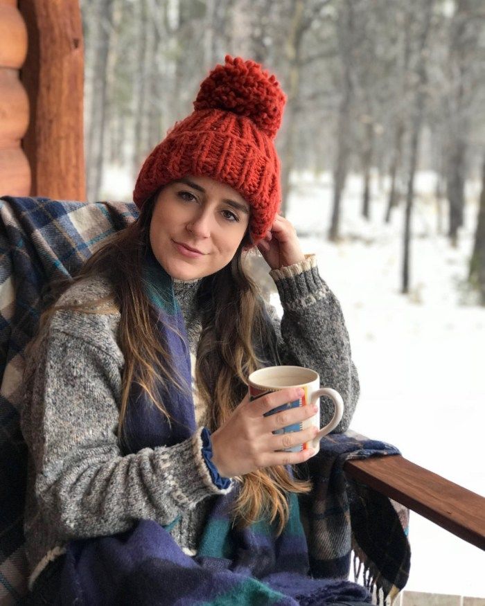 Grey Knit Sweater with Plaid Scarf and Orange Beanie — Cabin Trip Outfits