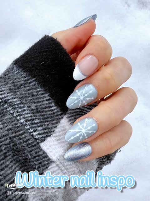 Snowflake Art On Accent Nails Visual Idea — Winter Gray Nails