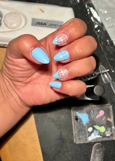 Soft Light Blue Snowflake Almond Nails — Winter Nail Art
