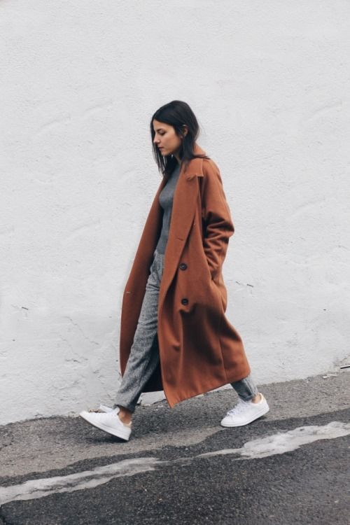 Long Rust Wool Coat with White Sneakers and Straight-Leg Pants — Winter Outfits with Sneakers