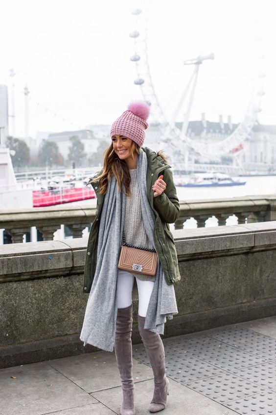 Olive Green Parka with Pink Pom-Pom Beanie Accent — Winter Layering Outfits
