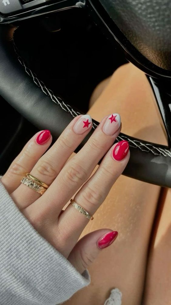 Red Stars On Accent Nails Visual Idea Red Stars On Accent Nails Visual Idea β Winter Almond Nails