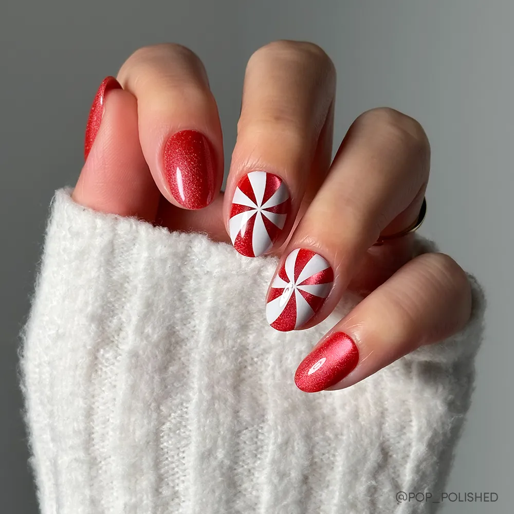Festive Red Swirl Short Oval Nails — Winter Date Night Nails