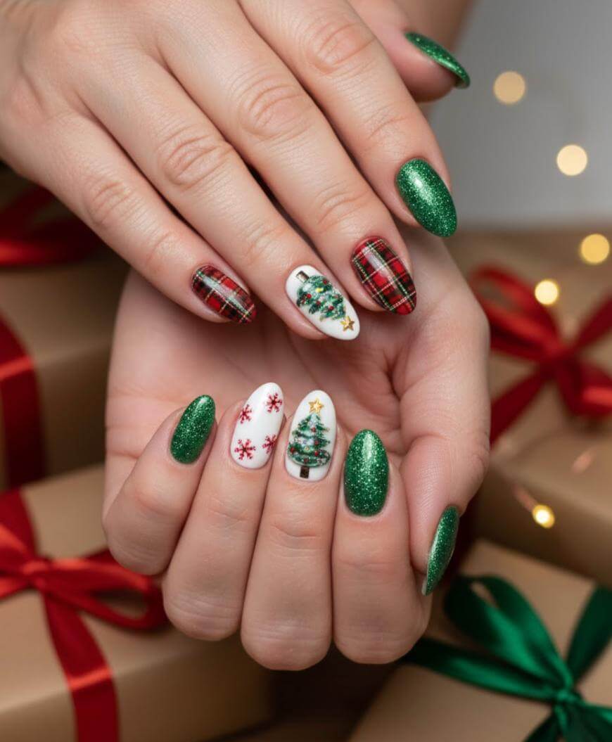 Medium Oval Stiletto Green with Christmas Art Accents — Green Christmas Nails 2026