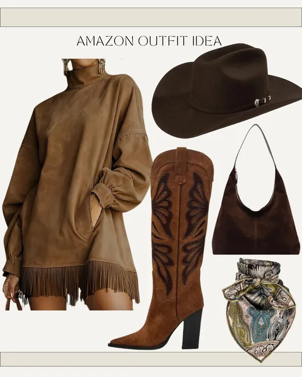 Fringe Hem Sweatshirt Dress with Butterfly Boots — Western Winter Outfits