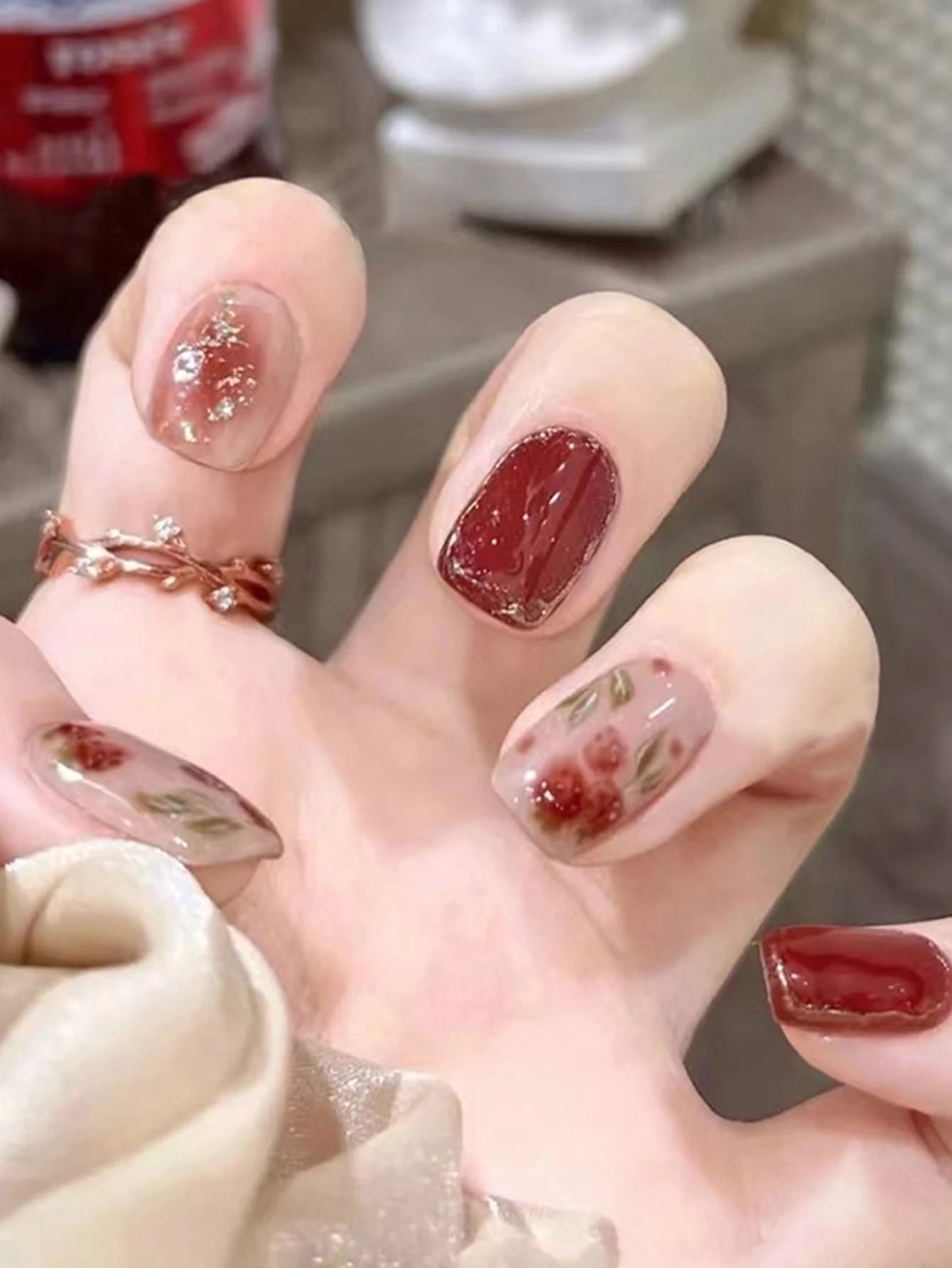 Burgundy and Floral Accent Nails — Short Winter Gel Nails