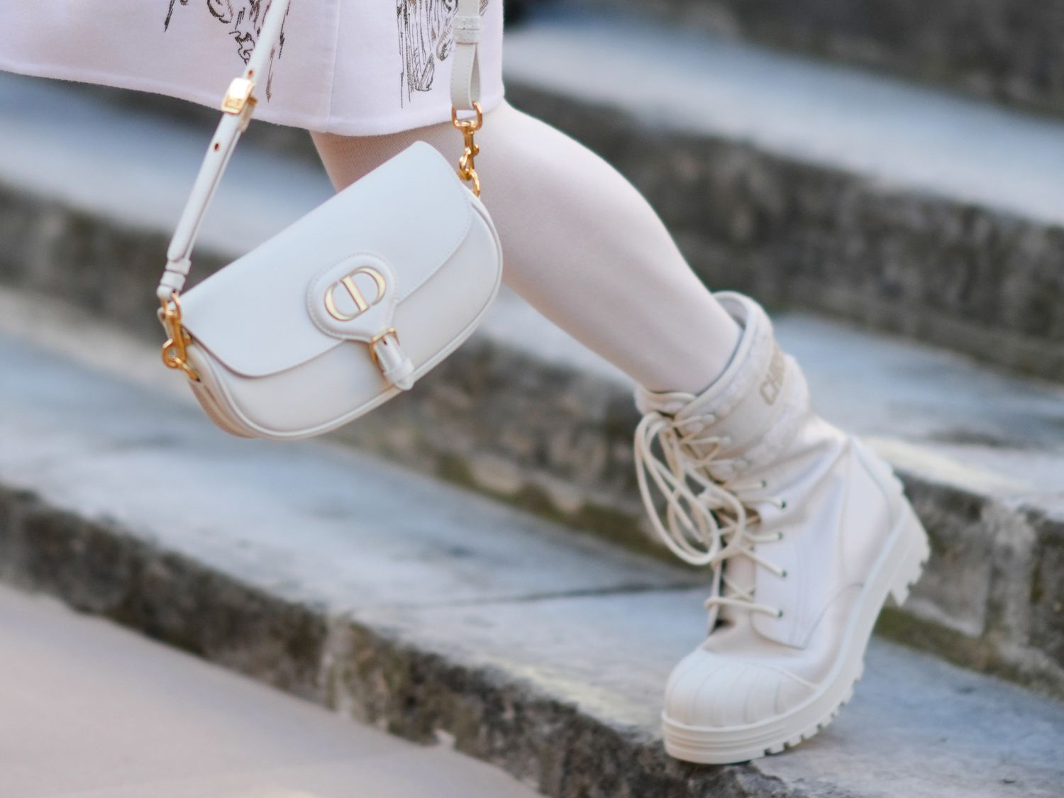 White Combat Boots and Opaque Tights Detail — Winter White Outfits